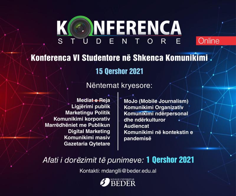Foto Thirrje për konferencën e Gjashtë studentore në Shkenca Komunikimi, 15 Qershor 2021