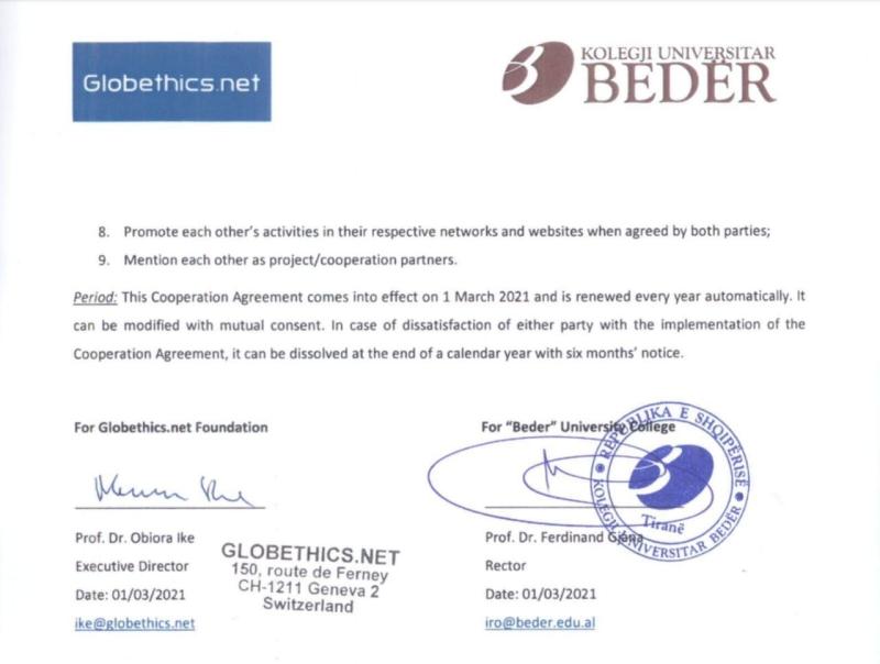 Foto Bedër today finalized the MoU with the Geneva-based Foundation “Globethics.net”